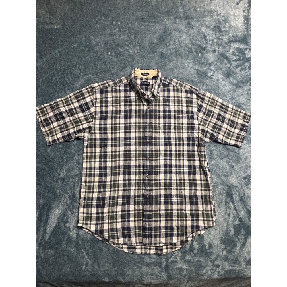 Van Heusen Khaki Classics Shirt L Mens Short Sleeve Blue Green White Plaid Linen